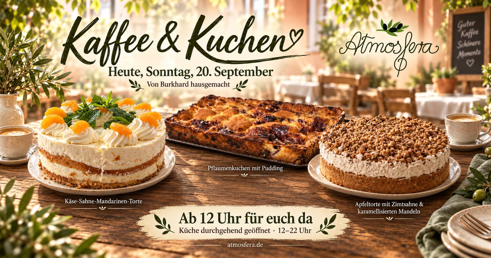 Burkhards Pflaumenkuchen mit Pudding, Käse-Sahne-Mandarinen-Torte und Apfeltorte mit Zimtsahne und karamellisierten Mandeln zum Kaffee im Atmosfera
