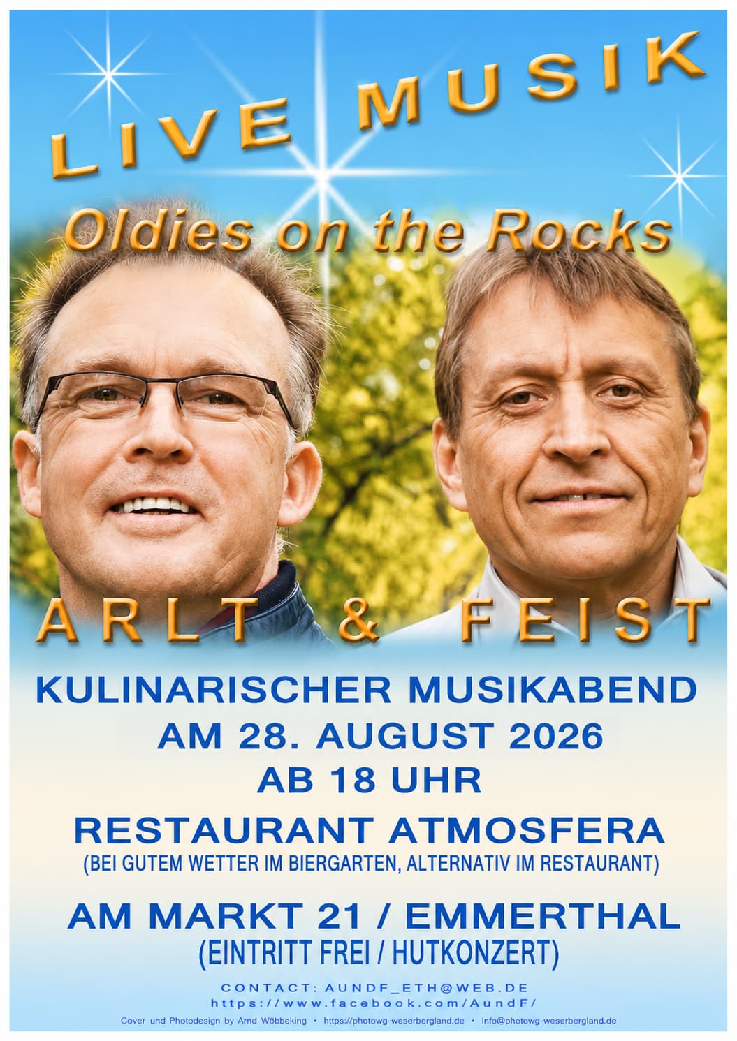 Veranstaltungsplakat von Arlt & Feist zum Musik-Abend im Atmosfera am 28. August 2026