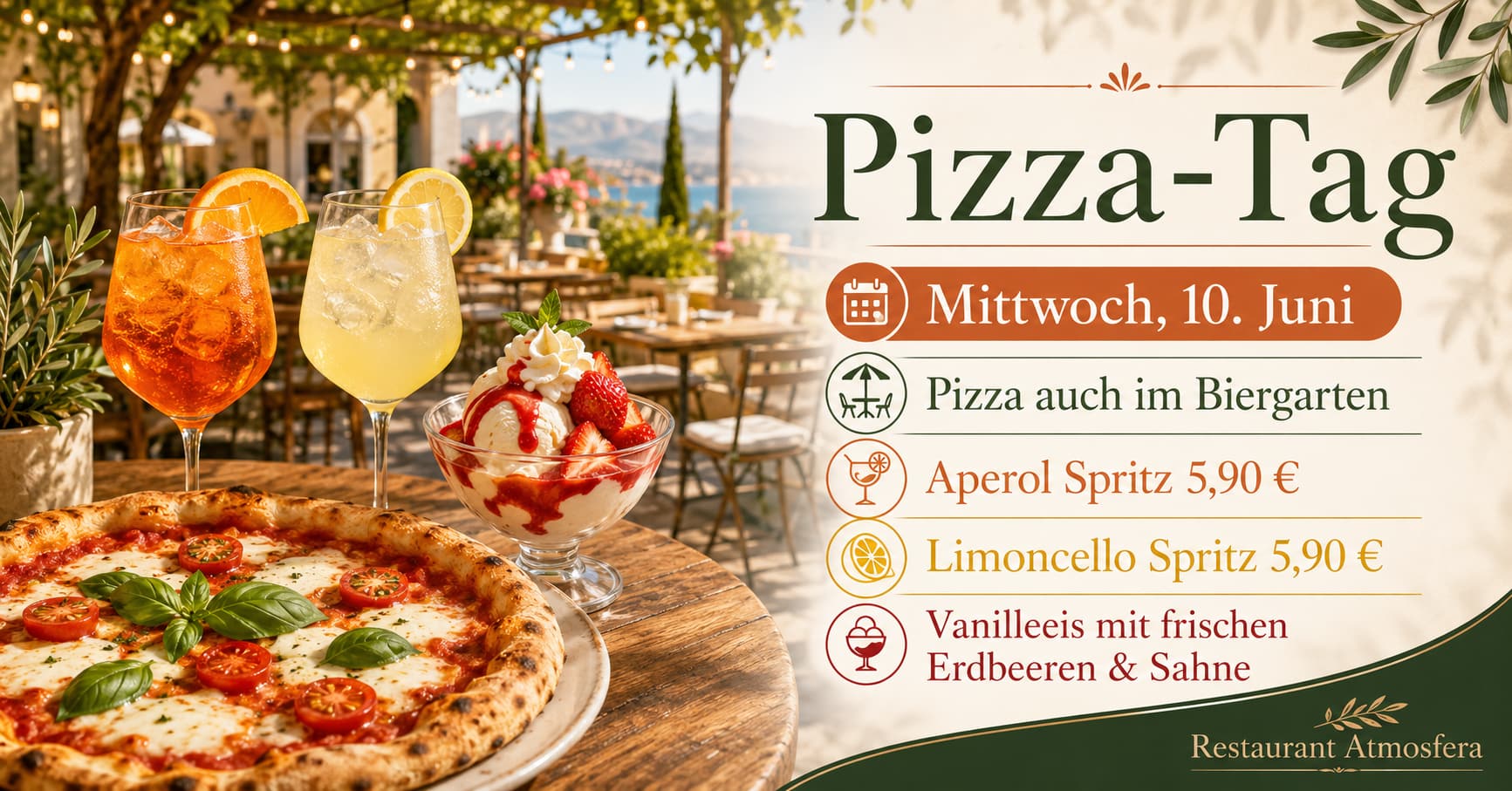 Pizza-Abend im Atmosfera am 10. Juni 2026 mit Pizza, Spritz und Biergarten bei schönem Wetter
