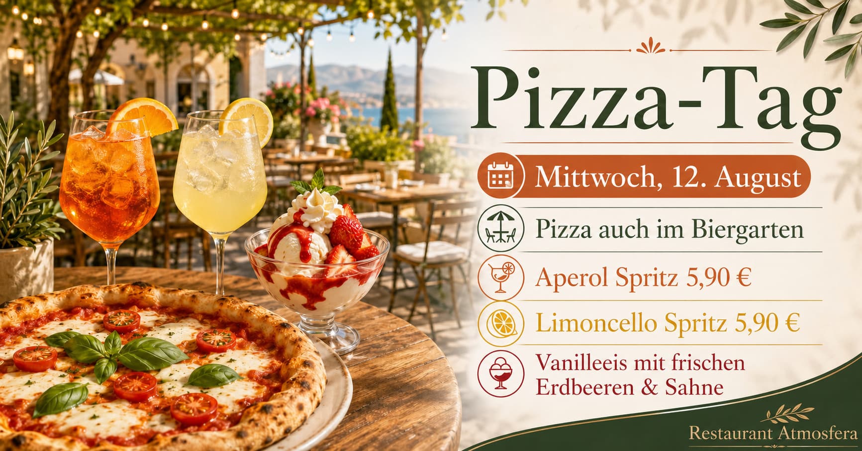 Pizza-Abend im Atmosfera am 12. August 2026 mit Pizza, Spritz und Biergarten bei schönem Wetter